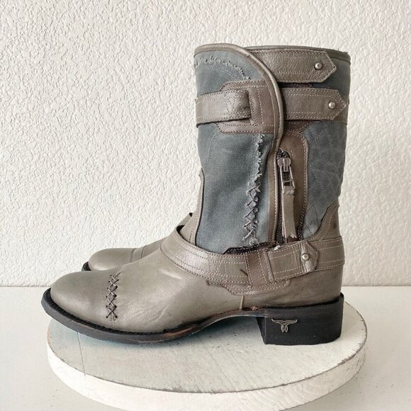 Lane Boots Womens Gray Leather Canvas Mid-Calf Western Moto Style Zip Size 10 - Picture 4 of 11
